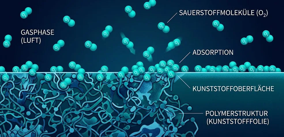 Schritt 1 der Permeation: Sauerstoffmoleküle adsorbieren an der Oberfläche einer Kunststofffolie