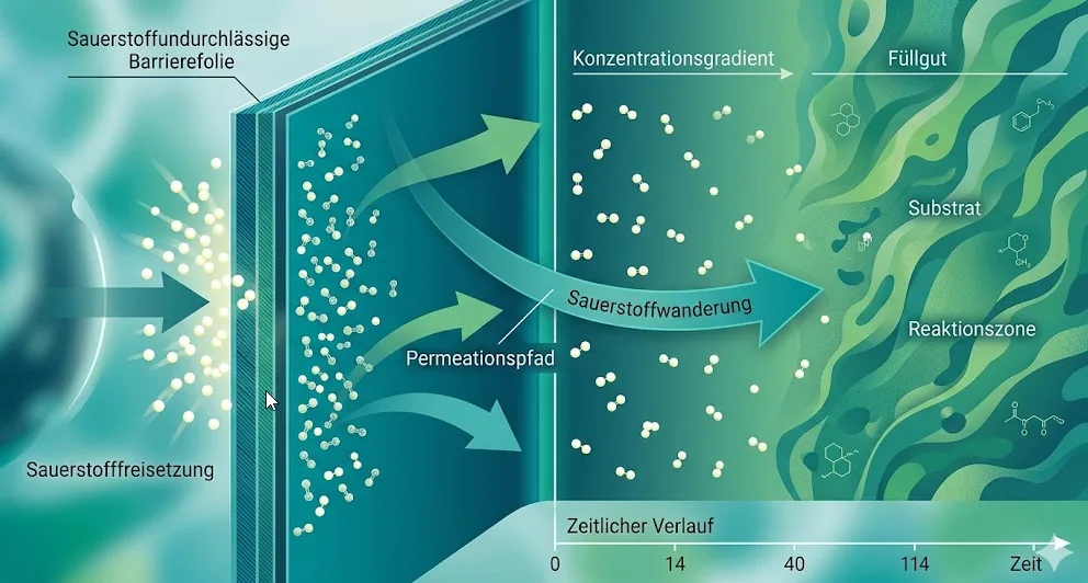 Schritt 3 der Permeation: Sauerstoffmoleküle werden auf der Innenseite der Folie freigesetzt und erreichen das Füllgut