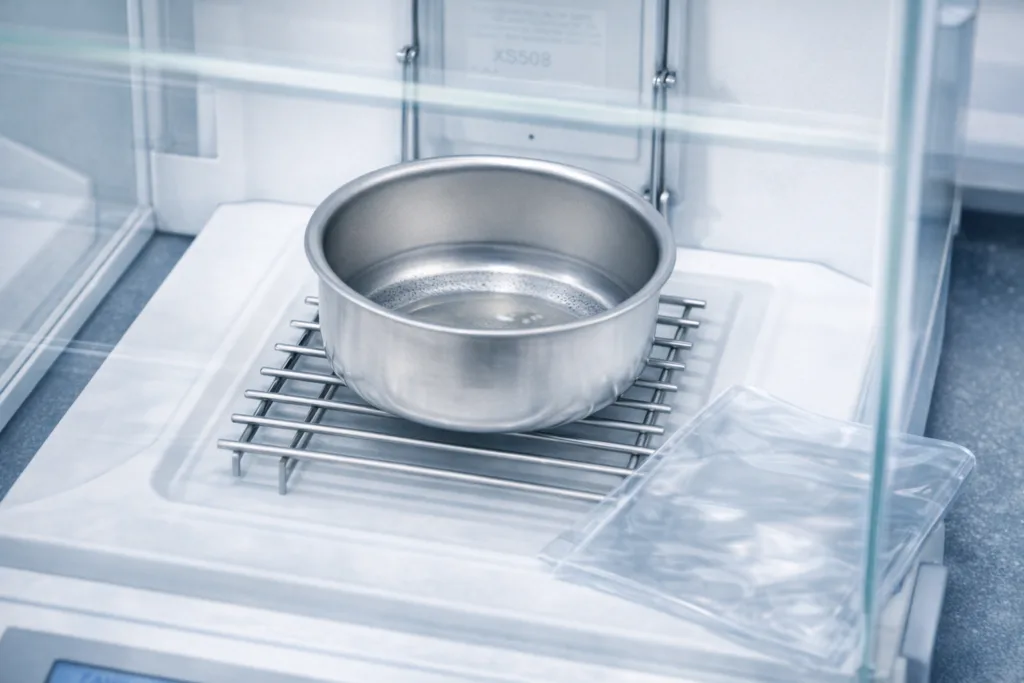 Residue weighing on analytical balance for determining overall migration
