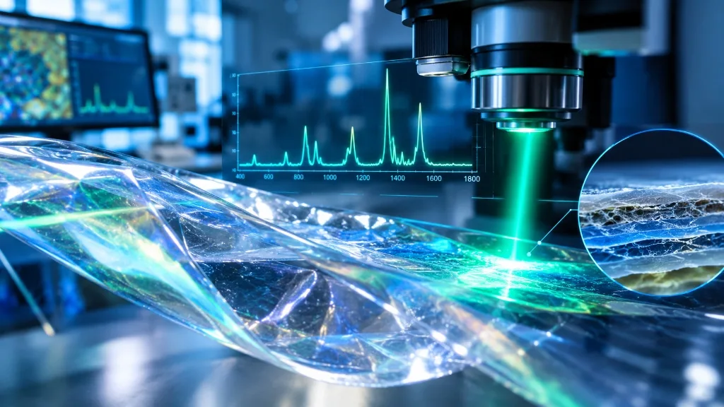 Raman-Spektroskopie: Laserstrahl analysiert eine mehrschichtige Verpackungsfolie mit charakteristischem Raman-Spektrum
