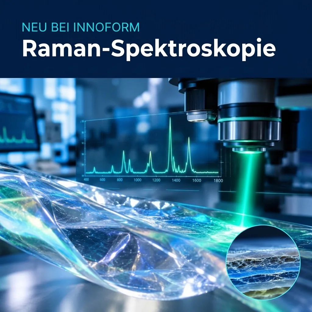 Quadratisches Beitragsbild: Neu bei Innoform – Raman-Spektroskopie mit Laserstrahl auf Verbundfolie und Spektrum